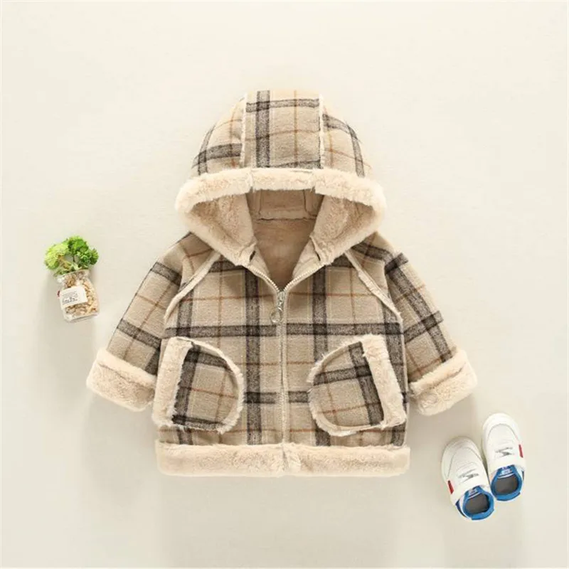Winter Girls Hooded Clothes Plus Velvet Thick Korean Baby Thick Fur Collar Plaid Warm Jacket Baby Boy Jacket