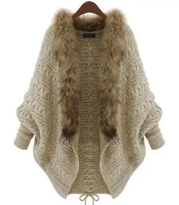 

2019 Women Autumn Casual Plus Size Winter Loose Fur Collar Sweater Cardigan Sweater Jacket Bat Sleeve Streewear Coat Outwear