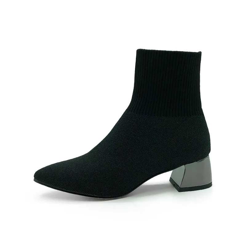 

Korean Knit Medium Boots Thick Heel Autumn Winter Ankle Boots Socks Shoes Women New Medium Heel Elastic Skinny Boots 35-39