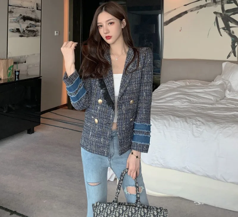 price reduction  2019 Autumn Runway Jacket Coat Patchwork Denim Tweed Jacket For Women Turn Down Collar Vintage doub