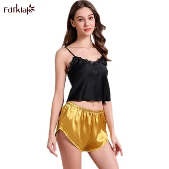 

2020 Summer New Pajamas Women Sling Shorts Two-piece Set Ladies Simulation Silk Pyjamas Sexy Home Wear Pijama Suit Vest + Pant