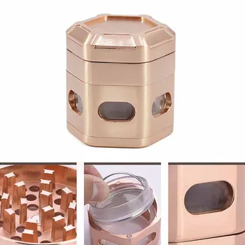 

New type of heavy metal smoke grinder with hexagonal central window Herbal Tobacco Leaf Grinder Plastic Metal Pipe Fittings