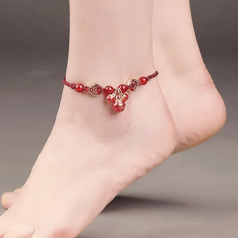 

ancient customs anklet small bell sonancy red line coloured glaze sexy GongLing Foot chain talisman Nostalgia ethnic style