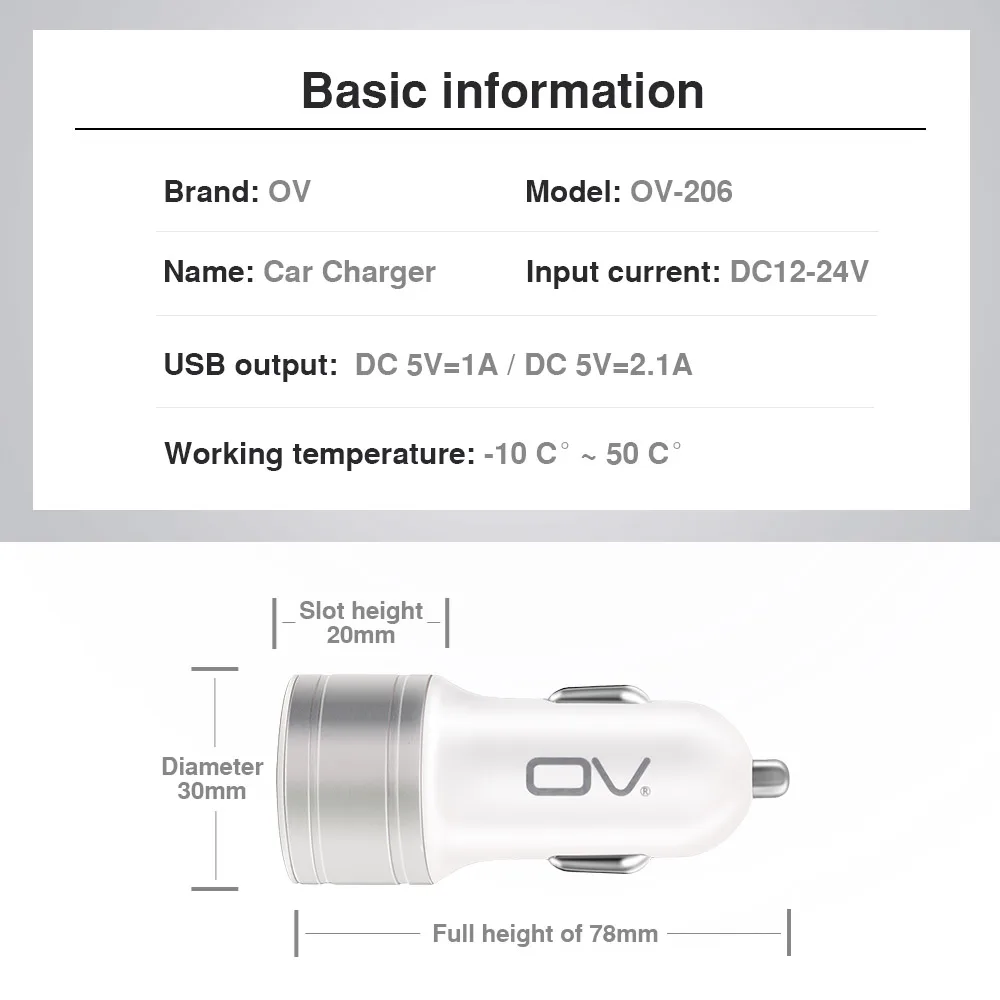 Автомобильное зарядное устройство OV Dual USB для OnePlus, HUAWEI, samsung, Iphone, оригинальное металлическое двойное Usb Автомобильное зарядное устройство, Быстрая автомобильная зарядка