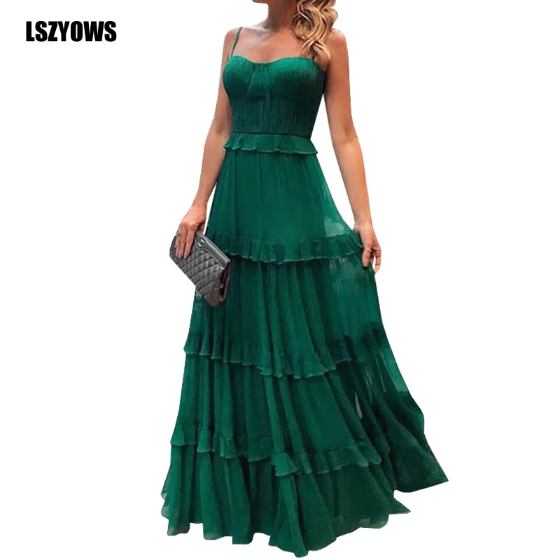 

Evening Party Women Dress Sexy Green Spaghetti Strap Backless Long Ruffle Dress Vintage Sleeveless Elegant Maxi Dresses Vestidos