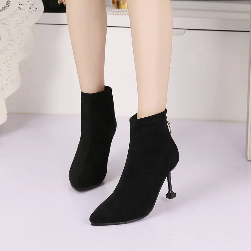 

Autumn And Winter Spool Heels Pointed Toe Suede Korean-style Fashion Boots Children Metal Man-made Diamond Short Boots Sexy WOME