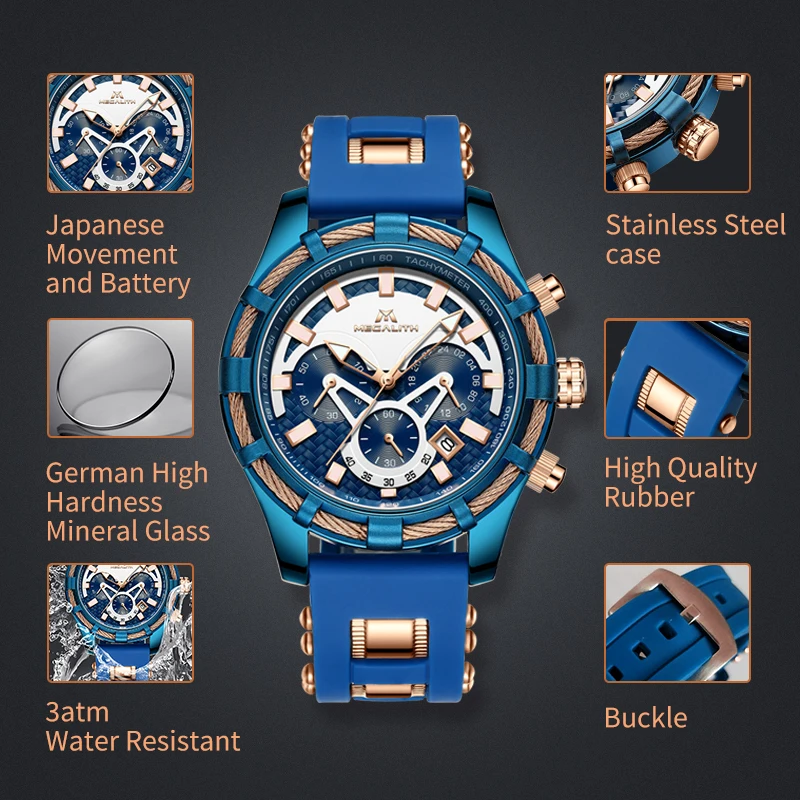 Цена MEGALITH мужские фирменные часы мужские спортивные Водонепроницаемые силиконовые хронограф с ремешком Наручные часы Кварцевые Relogio Masculino