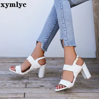 

Women Plearted Shoes Ankle Buckle Heels Women Sandals Summer Shoes Women Open Toe Chunky Party Dress Sandals Big Size 34-44
