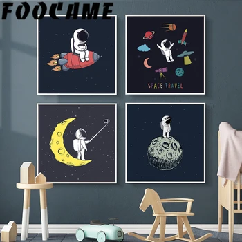 

Posters and Prints Living Room Cartoon Astronaut Space Planet Moon Canvas Painting Baby Decoration Wall Art Picture Kids Nursery