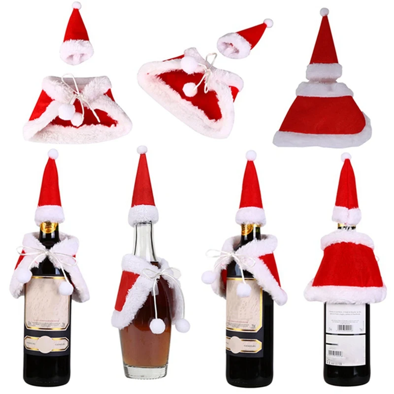 2pcs/Set Christmas Decoration Red Wine Bottle Covers Clothes With Hats For Home Christmas Dinner Party Or Gift