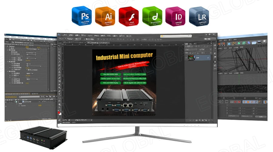 Elevate Your Workspace with Eglobal Industrial Mini PC - Intel Core i3/i5, 2 RJ45 LAN, 2 HDMI, Linux Desktop Computer, 6 RS232 COMs, 8 USB, Windows Ready Description Image.