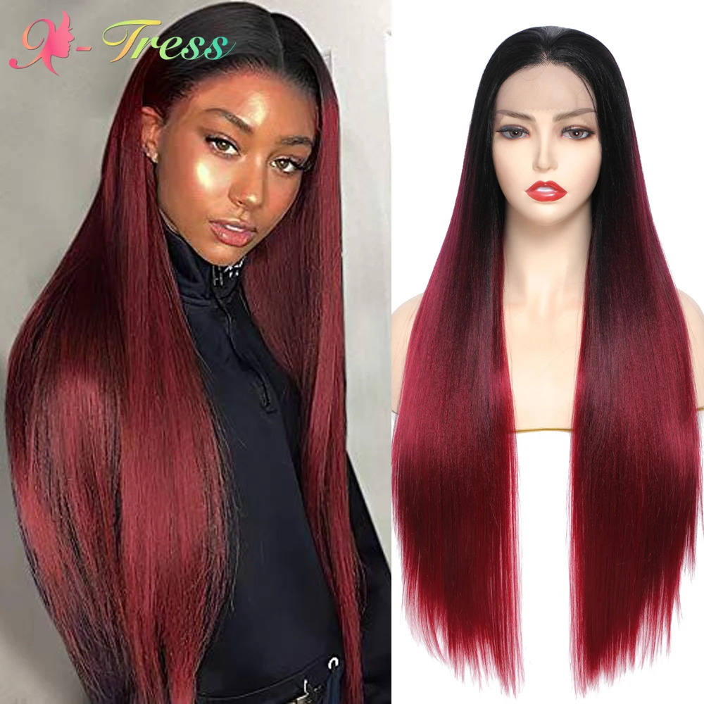 X-TRESS Red Wig Synthetic Ombre Lace Front Wig Long Strsight Natural Looking Women's Long Wigs Free Part Lace Wig Heat Resistant