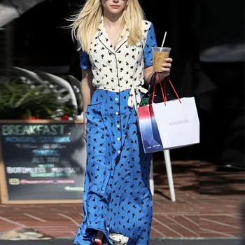 

Print Cherry Short-Sleeved Suit Collar Single-Breasted Pockets Slim Fit Belt Big Swing Women'S Mid-Length Dress Spring AndSummer