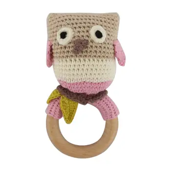 

Baby Wooden Teether Ring DIY Crochet Owl Rattle Soother Bracelet Infant Teething Molar Play Toys