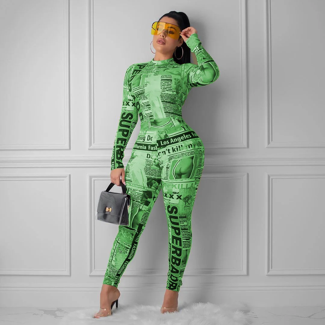 ChocoMist Jumpsuits  Casual Skinny Paper Print Long Sleeve One-piece Jumpsuits SM9049
