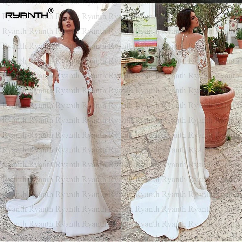Vestido de noiva Сексуальные Длинные рукава Кружева шифон свадебное платье в стиле бохо Горячие пуговицы Длинные свадебные платья на заказ Robe de marie