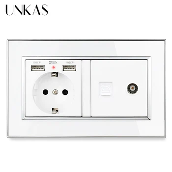 

UNKAS Luxury Mirror Acrylic Panel EU Standard Socket 146mm * 86mm Dual USB Charge Port + RJ11 Telephone Female TV Jack Outlet