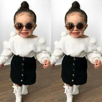

1-6Y Autumn Toddler Baby Kids Girls Clothes Sets Long Sleeve Hairball Knit Tops Sweater+Button Mini Skirt Warm Outfits Sets