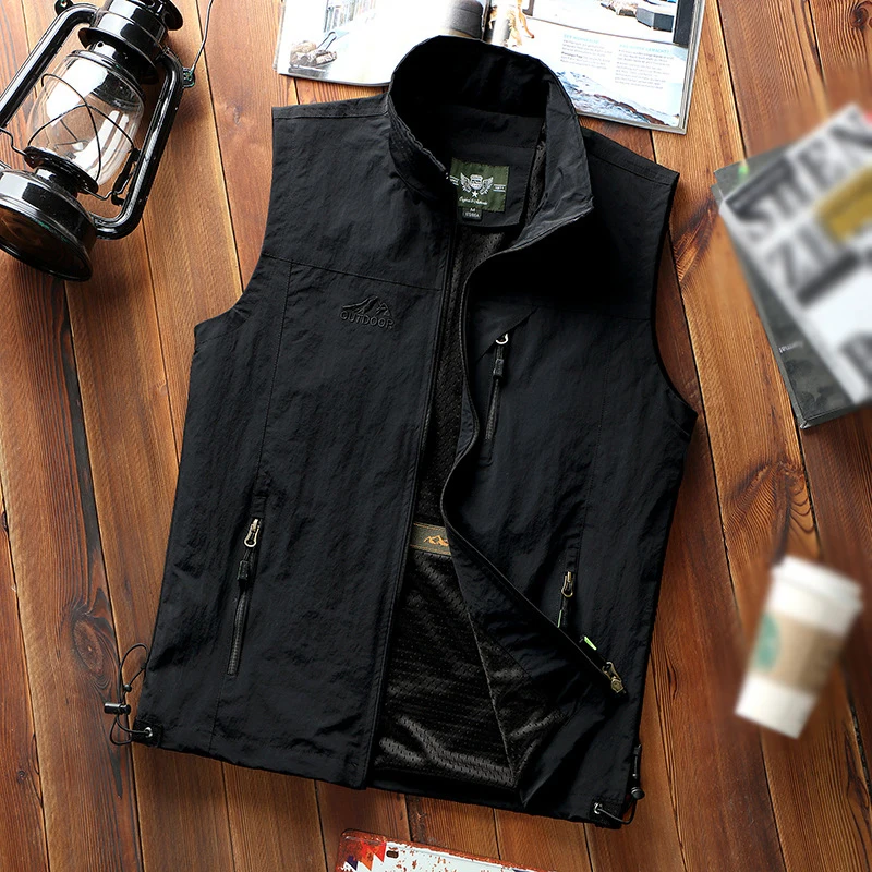 

Men Vest Outdoor Fishing Photography Solid Color Pocket Zipper Casual Male Vests Outerwear Jacket Sleeve Jackets Plus Size