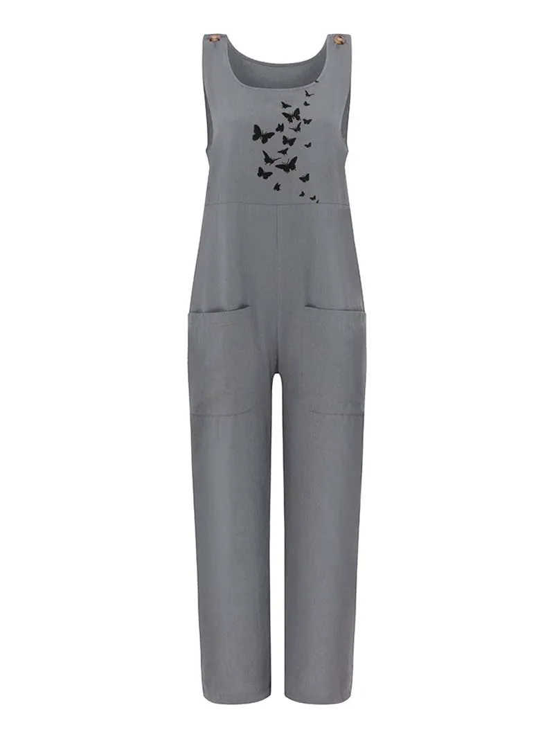 Womens Dungarees Print Rompers 2021 Summer New Ladies Casual Loose Linen Cotton Jumpsuit Sleeveless Pocket Overalls Playsuit