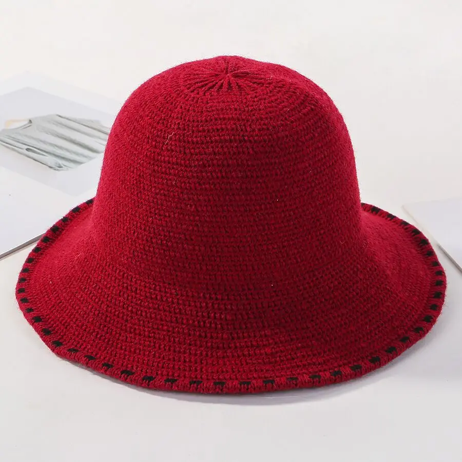 Осенне-зимняя женская вязаная шапка, однотонная теплая женская панама с широкими полями, Панама, Рыбацкая шапка, шапка для бассейна - Цвет: wine red