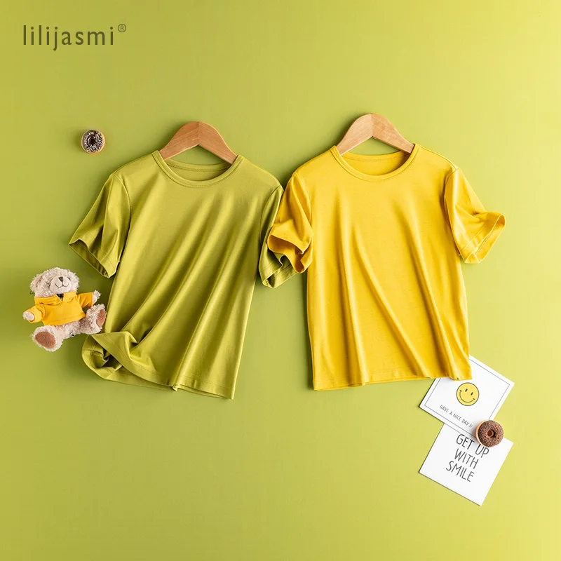 Children Silk Cotton T-shirt O-neck Boy Girl Teenage Kid's Mercerized Tshirt Parent-child Clothing Basic Style Family Tee | Мать и