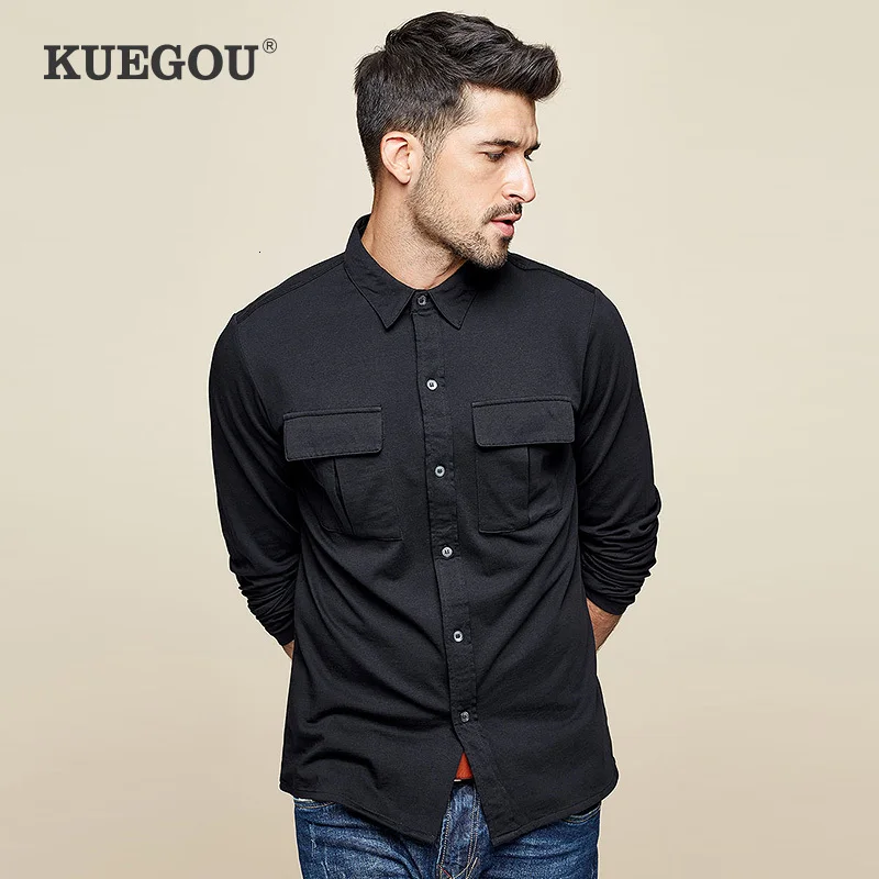 KUEGOU Autumn Cotton White Pocket Shirt Men Dress Button Casual Slim Fit Long Sleeve Male Fashion Brand Blouse 7765