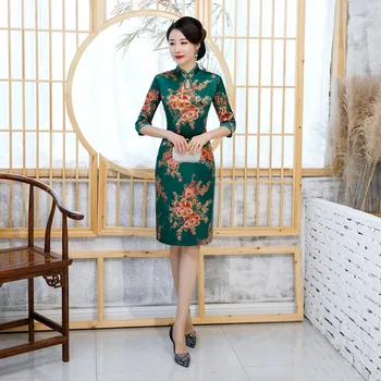 

FZSLCYIYI 5XL 4XL Plus Size Classic Cheongsam Half Sleeve Dress Woman Knee Length Green Printing Qipao Velvet Retro Qipao