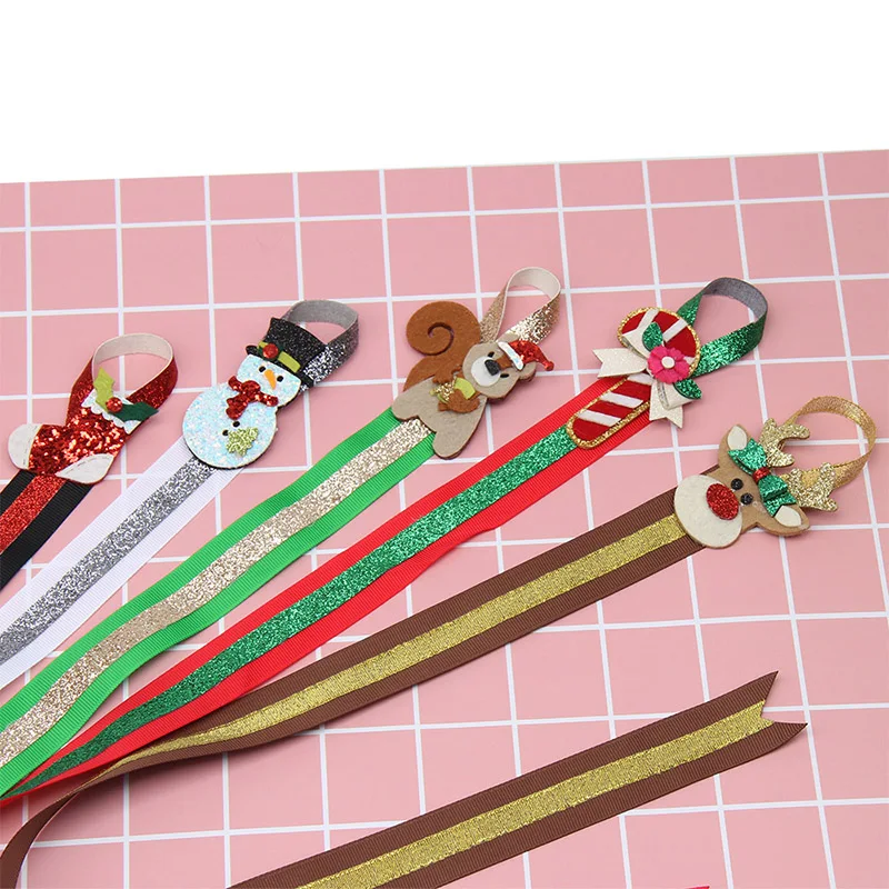 CN 10 Pcs/lot 60CM Glitter Christmas Hair Bows Holder Grosgrain Ribbon Band With Cartoon Snowman Characteristic Hair Accessories