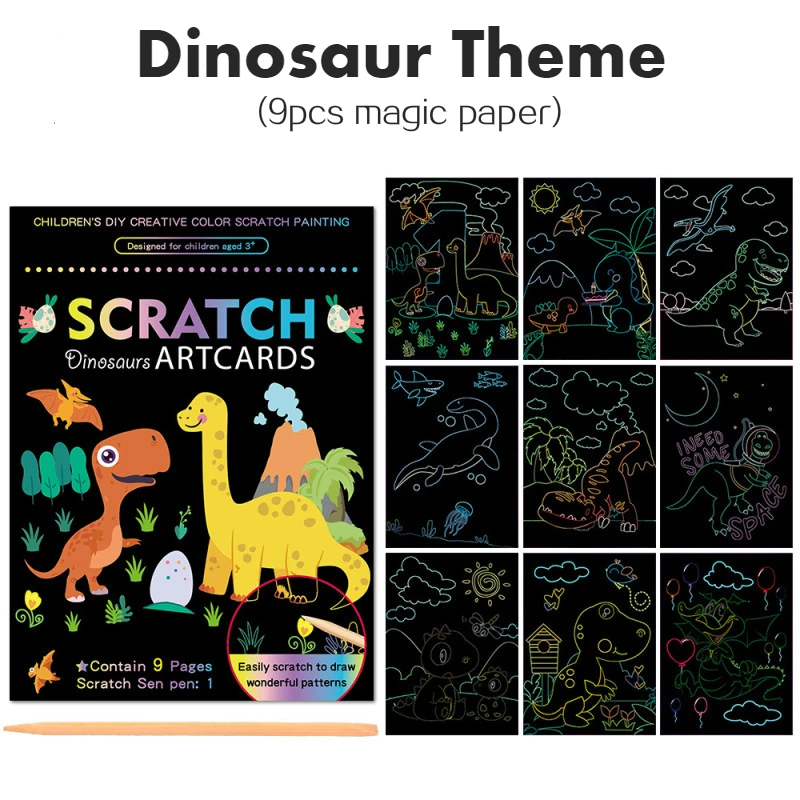 9Pcs/Set Magic Rainbow Color Scratch Art Painting Paper Card Kit Cartoon Dinosaur Unicorn Drawing Board Kids DIY Educational Toy 7