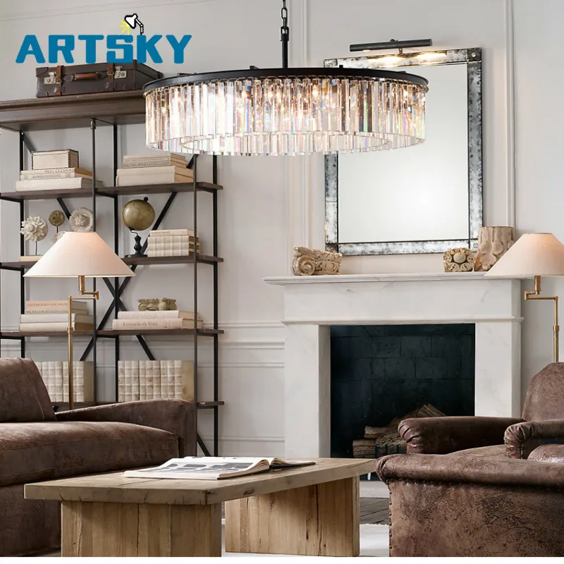

American Decorative Art Round Crystal pendant light Metal Material Family Living Room Lamp