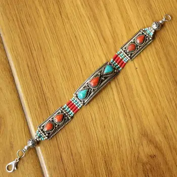 

BR462 Nepal Copper Inlaid Colorful Stone Clasp Bracelet Cuff For Lady Vintage Tibetan 15mm Turquoises Drop Beads Bangle