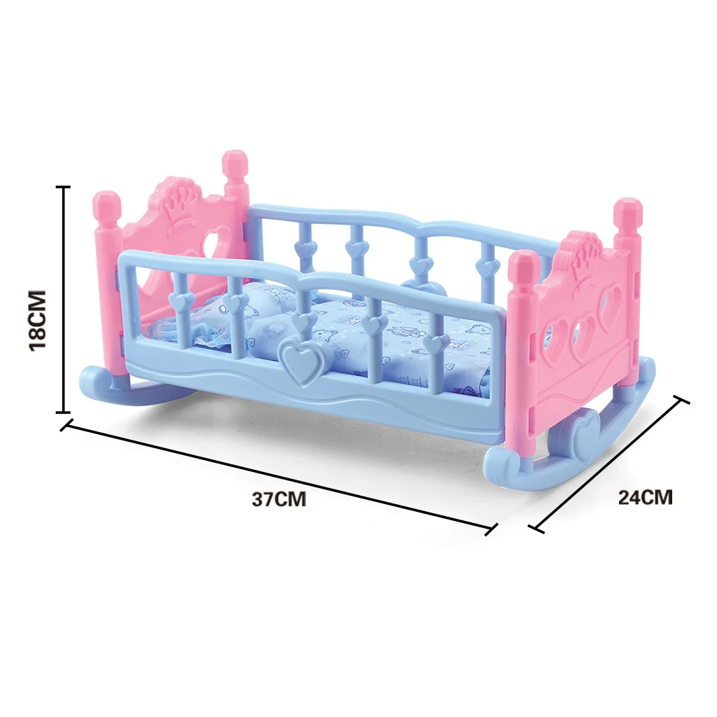 Dolls Cradle Rocking Bed Heart Design Bear Mattress Pillow Bedding Set