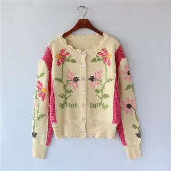 

Embroidered Women Knit Cardigan Autumn Lady Long Sleeve Color Patchwork Sweater Coat Female Knitwear Single-breated Outwear Top