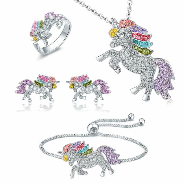 Crystal Unicorn Rings Necklace Bracelet Earrings Jewelry Set Cute Cartoon Rainbow Horse Accessories For Women Jewelry