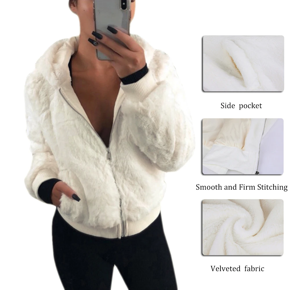 Faux Fur Coat Women With Hood New Oversize Coats High Waist Female Slim Fit Overcoat Tops Winter Warm Plush Jackets Outwear