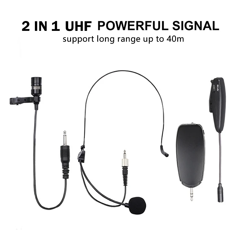 

2 In 1 UHF Wireless Lapel Collar Clip-on + Headset Microphone for Teaching, Conference, Tour Guiding, Stage Performance, etc.