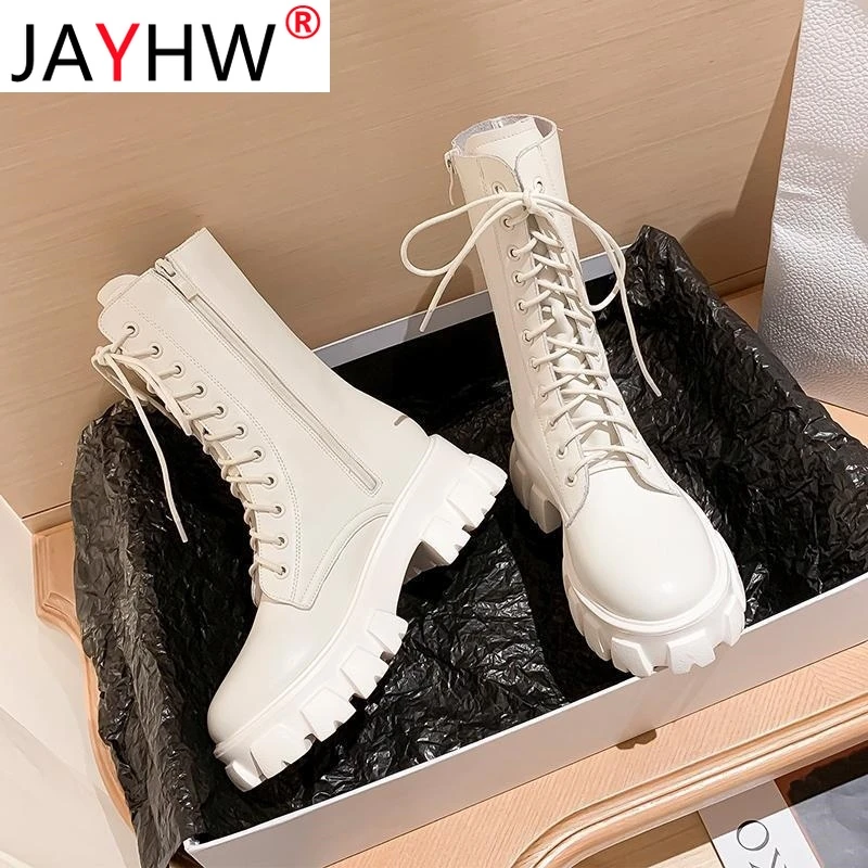 JAYHW Martin Boots Women Shoes Autumn Artificial Leather Round Toe Cross Lace-up Mid-calf Goth Boots Platform Botas Woman Mujer