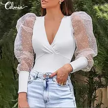 Celmia Women Blouses Ladies See-through Sheer Mesh Dot Shirts 2020 Summer Puff Long Sleeve Tops Sexy V neck Casual Blusas Femme