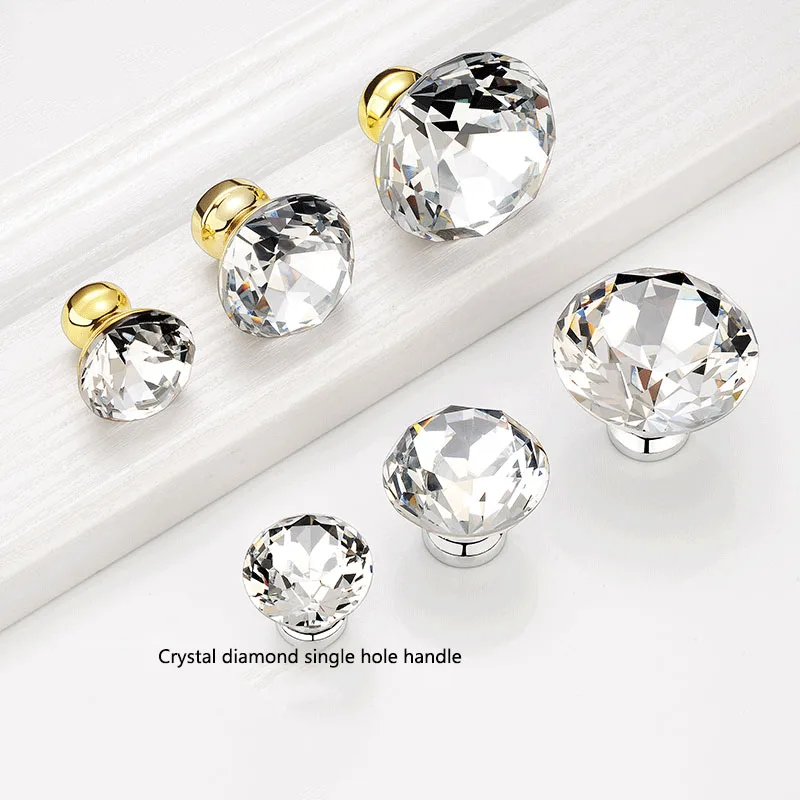 

European style diamond glass crystal handle simple single hole round cabinet wardrobe bathroom door furniture hardware handle