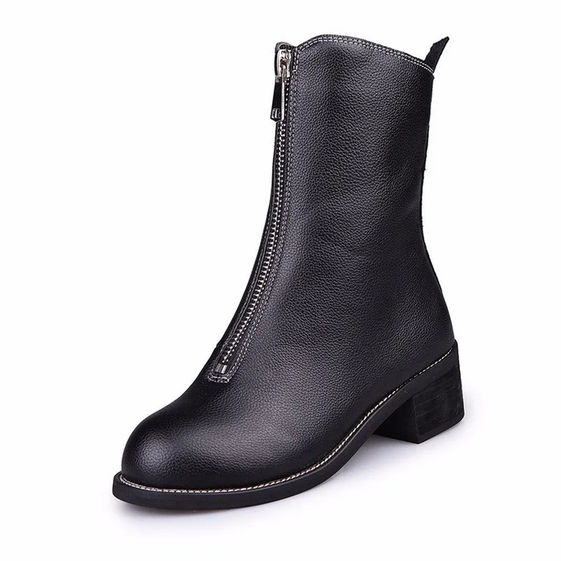 Модные кожаные ботильоны для женщин Толстые со матовой кожей ботинки на молнии женская обувь