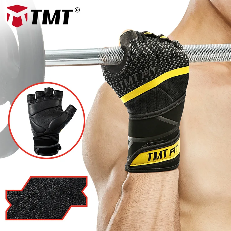 

TMT Sheep Leather Gym Gloves Bodybuilding Weight Lifting Fitness Glove Nonslip Breathable Long Wrist Wrap Support Dumbbell Sport