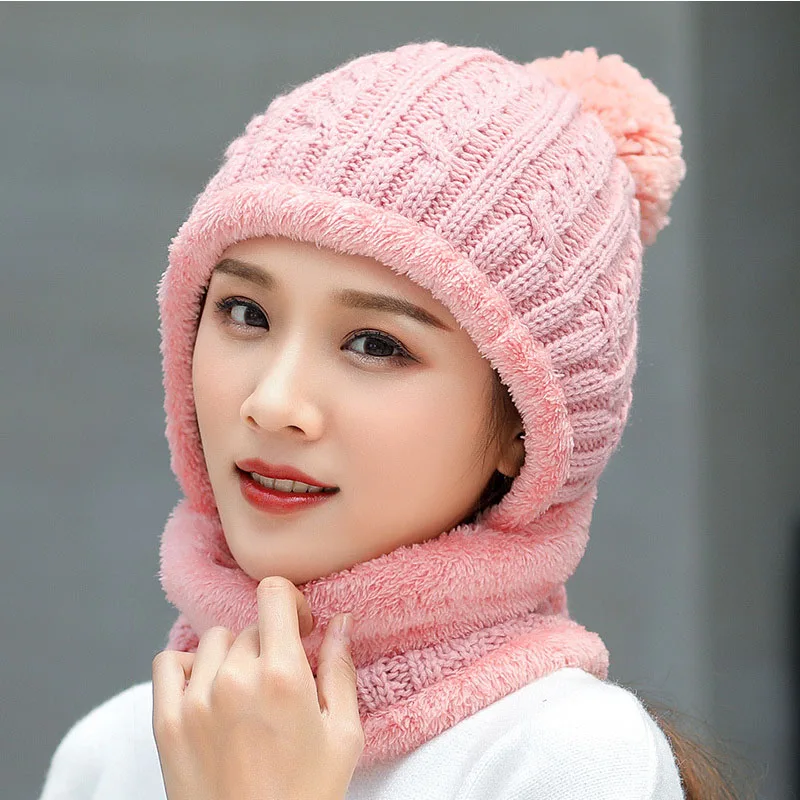 pink Утолщенная зимняя шапка и шарф для мужчин и женщин, шерсть, Skullies Beains, Повседневная теплая шапка, женская шапка, кольцо, шарфы, мужская вязаная шапка - Цвет: pink