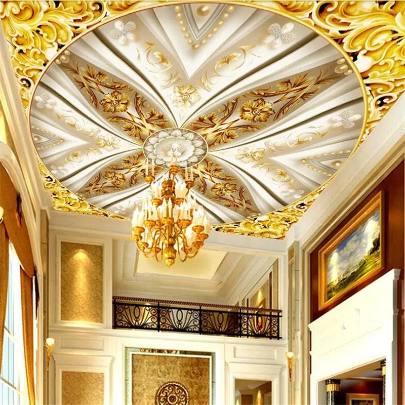 

Drop Shipping Custom Large Wallpaper Mural 3d Golden Hall Classical Luxury Embossed Zenith Ceiling Wallpaper Papel De Parede