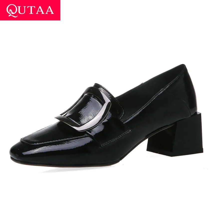 

QUTAA 2020 Spring Autumn Square Heel Slip on Women Single Shoes PU Patent Leather Buckle Square Toe Ladies Pumps Big Size 34-43