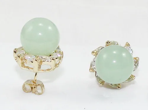 

wholesale nice jewelry 10mm light green Natural jade bead 18k crystal inlay earrings