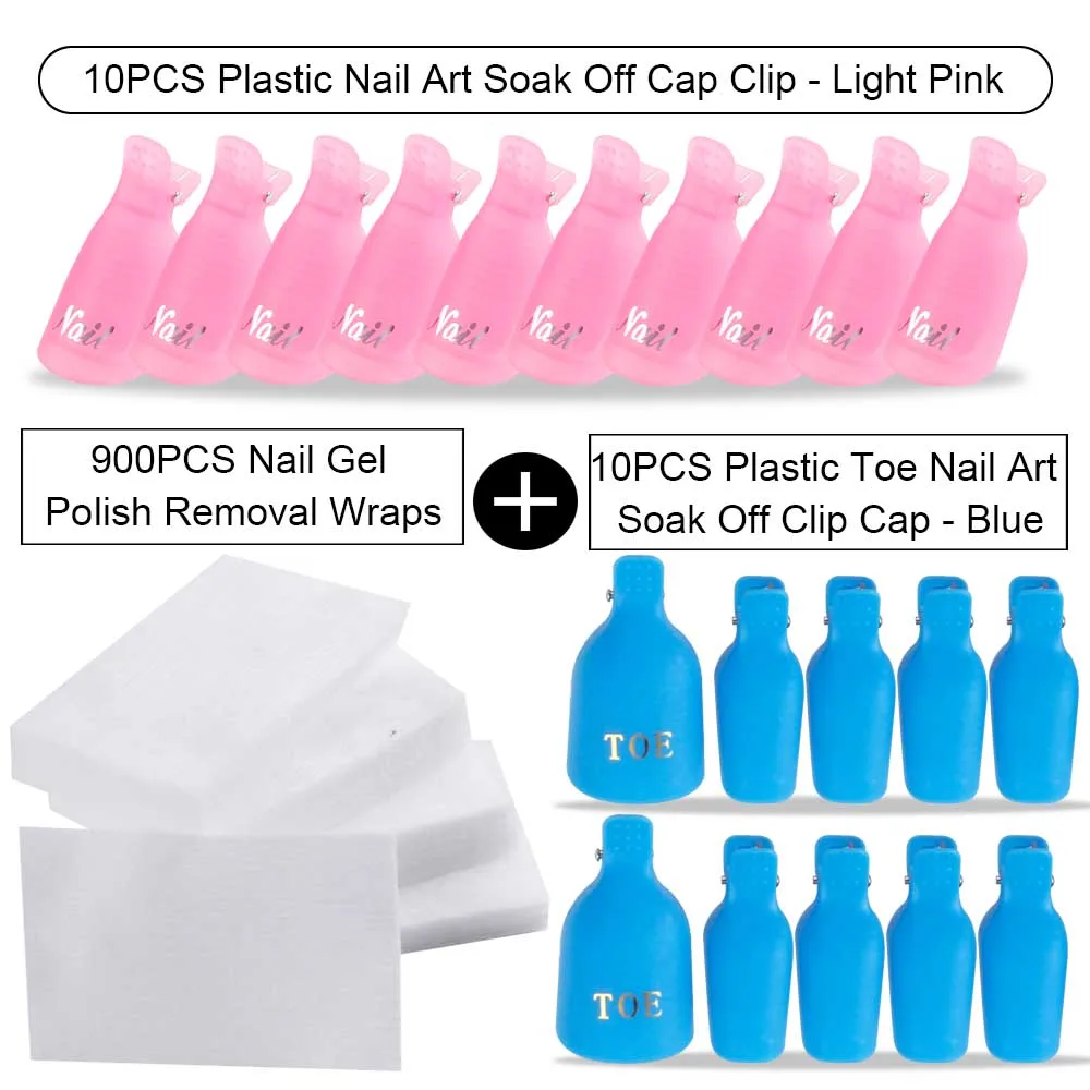 20PCS Plastic Fingers And Toes Nail Art Soak Off Cap Clip And 900PCS Cleanser Nail Gel Polish Removal Wraps Remove Tool Nail Tip - Цвет: Blue Toe BarbiePin H