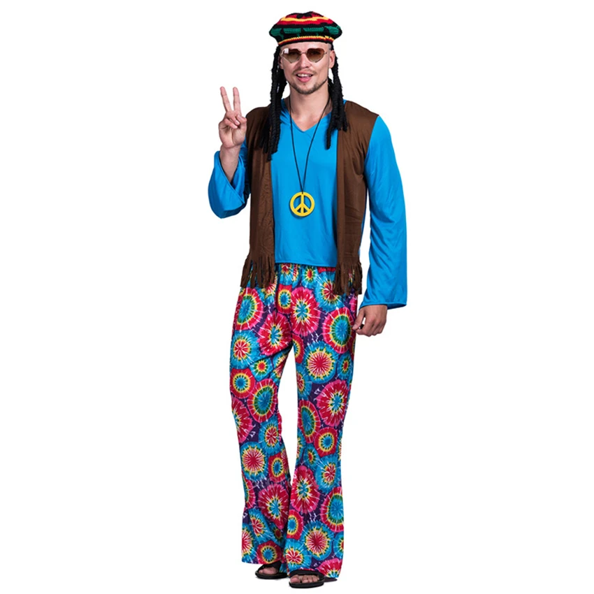 Для мужчин а-ля 60ые Ретро Hippie Peace и любовь Свободный жилет карнавальный костюм вечерние Винтаж взрослых Необычные костюмы на Хэллоуин для Для женщин родной