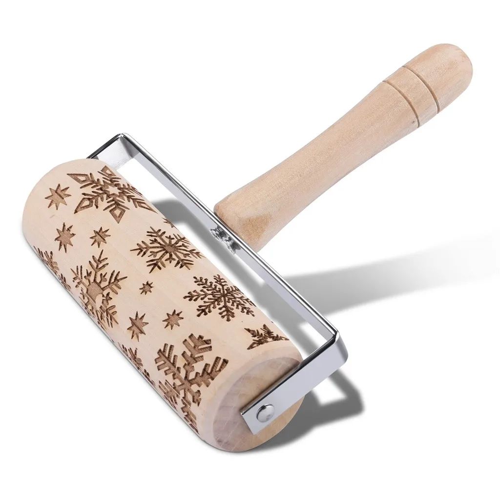 Christmas Snowflake Laser Embossing Rolling Pin Printed Cookie Dough Stick Fondant Tool Baking Noodle Cake Dough Engraved Roller - Цвет: Темный хаки