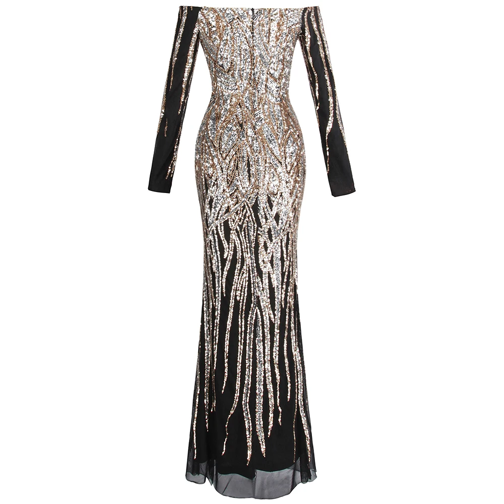 Angel-Fashion, женское вечернее платье, длинный рукав, v-образный вырез, цветочный принт, блестки, асимметричное, официальное платье, костюм, золото, 421
